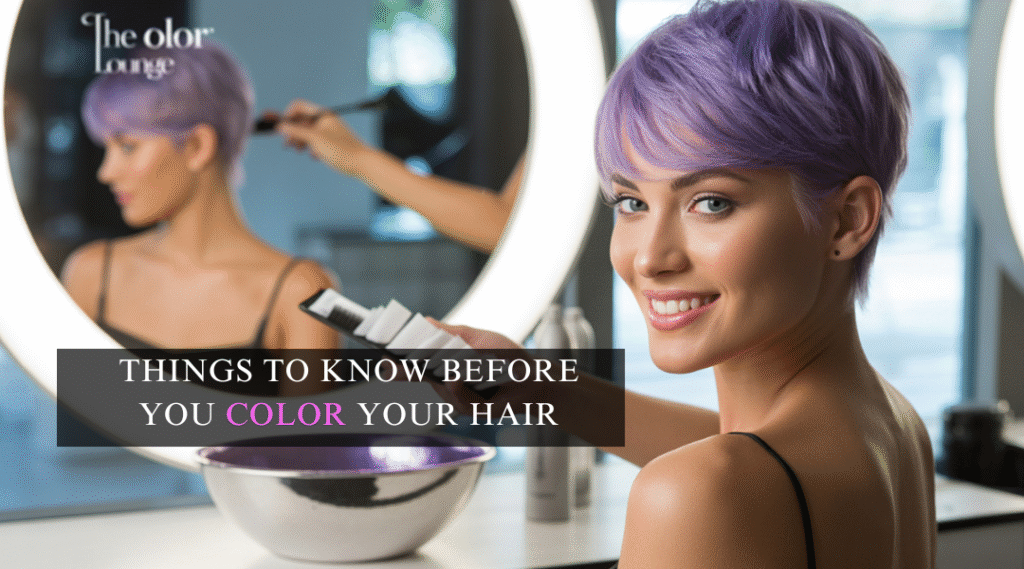 Featured image of a woman with freshly dyed hair in a modern salon, representing a guide on what to know before coloring your hair.