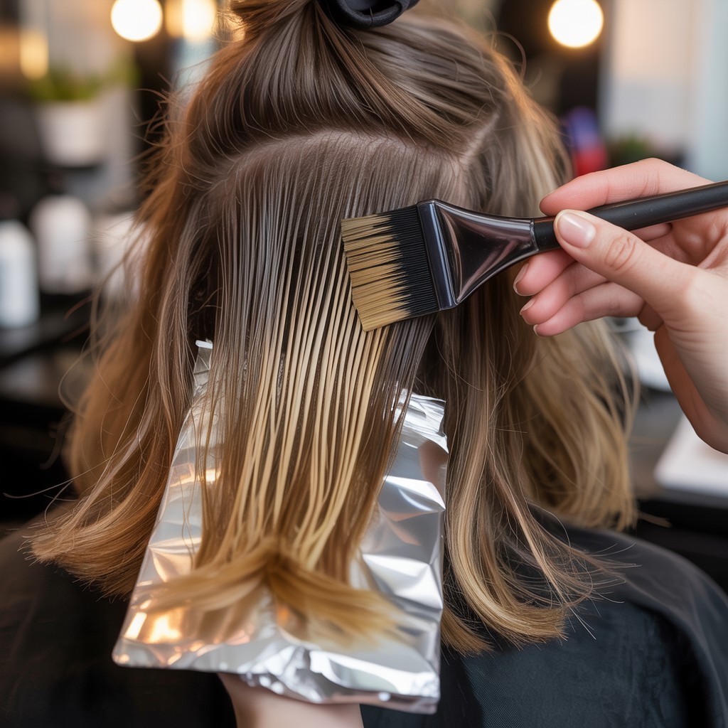 Stylist freehand painting pre-lightener on brunette hair with foil-wrapped sections using foilyage for copper balayage prep.