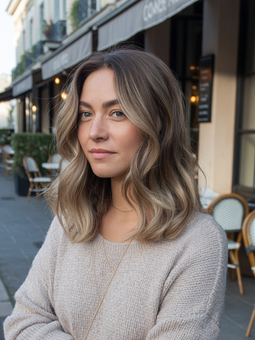 Woman with soft waves and ash bronde balayage, fading from ash brown roots to muted blonde ends, styled naturally outdoors near a café.