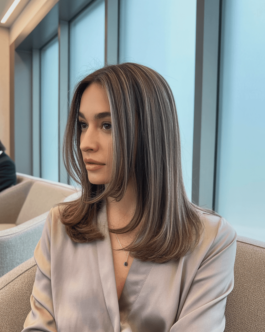 Glossy straight ash brown hair with soft babylights woven from roots to ends, styled in a sleek blowout for subtle dimension