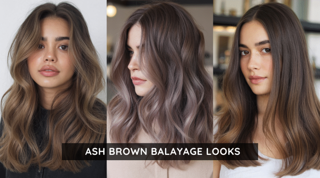 Collage of three ash brown balayage hairstyles, including soft mocha fade waves, twilight ash tones, and sleek babylights, shown on diverse models in neutral-toned settings.