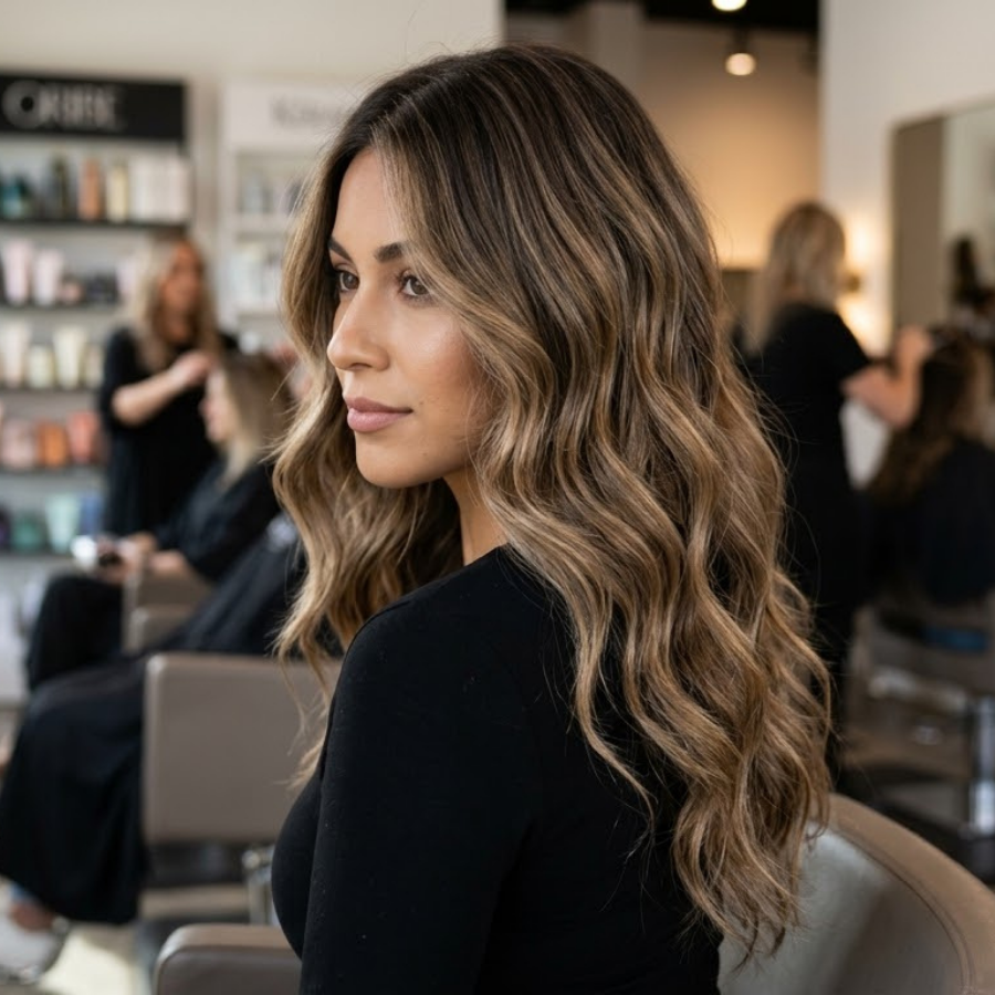 Ash brown caramel balayage on shoulder length brown hair with soft waves and cool toned highlights in a salon