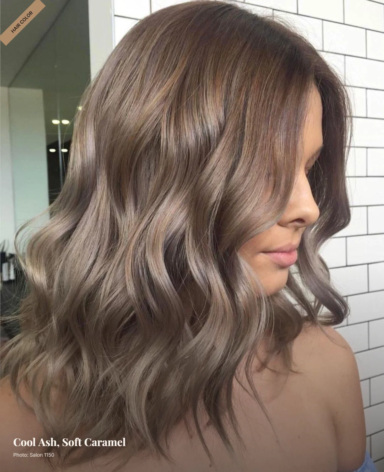 Ash brown hair with muted caramel balayage through midshaft and ends in soft waves