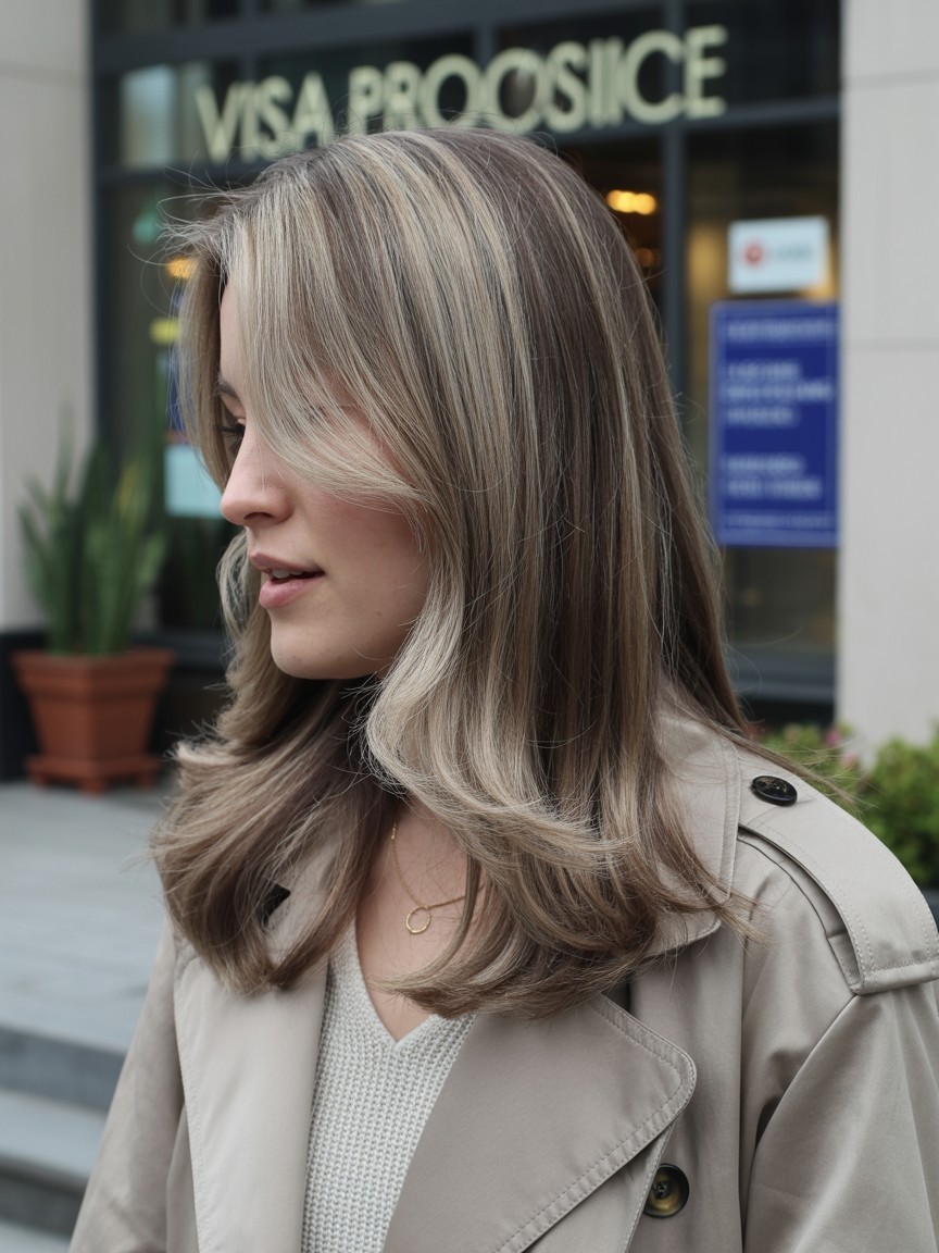 Ash brown hair with soft ash blonde face-framing highlights styled in smooth waves and parted curtain layers