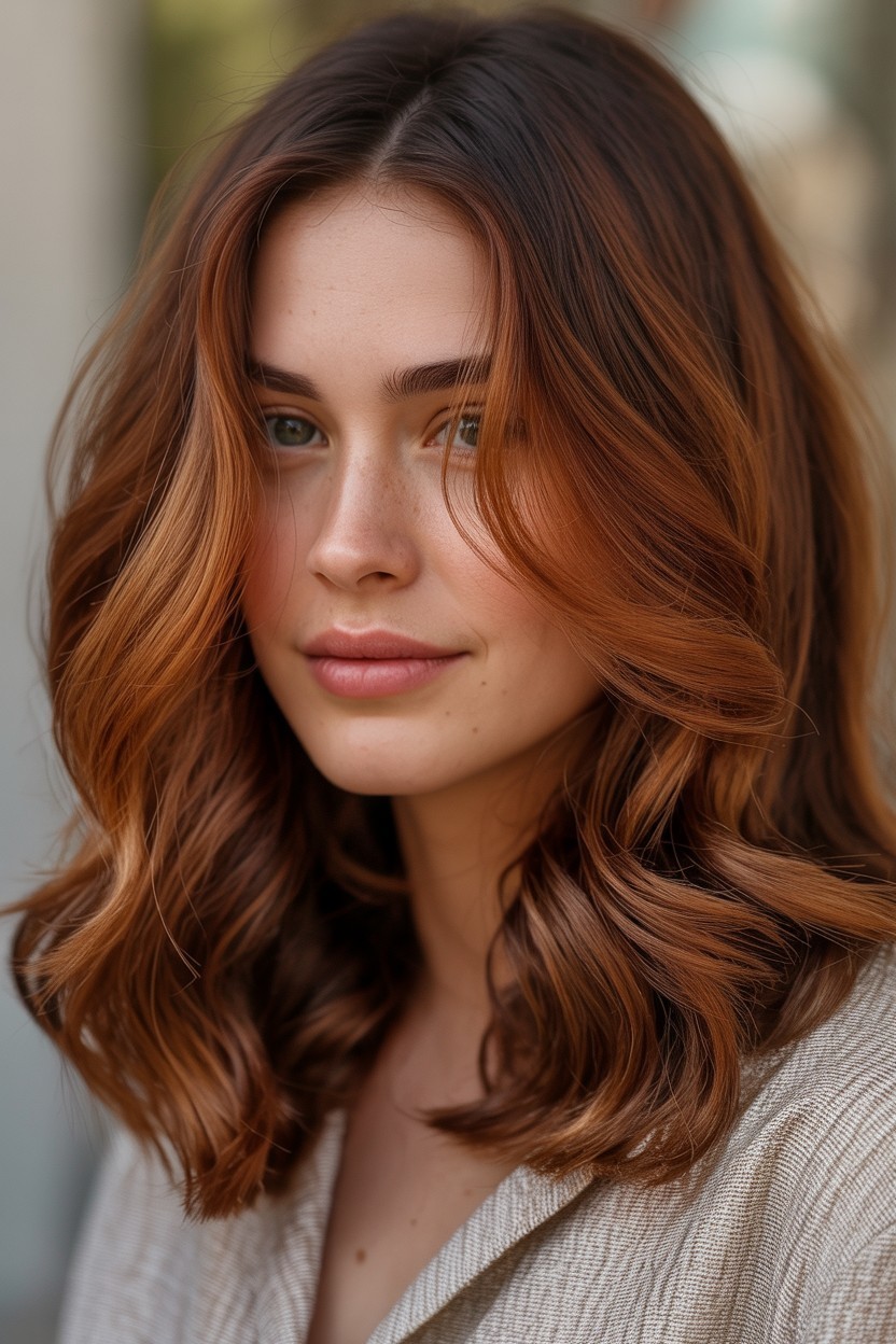 Woman with medium-length auburn copper balayage hair styled in soft waves, featuring warm copper highlights on a deep brunette base.