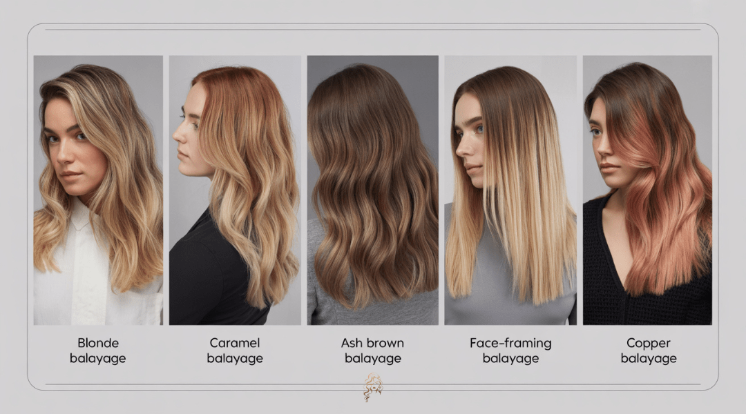 Side-profile collage of five individuals each showcasing a different balayage style: blonde, caramel, ash brown, face-framing, and copper balayage. Each hairstyle highlights unique color transitions and gradient effects for different hair tones.