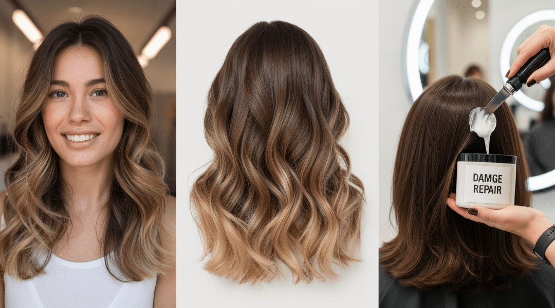 Split image showing balayage on dark brown hair, balayage vs. ombré comparison, and a person applying a conditioning mask to debunk myths about balayage.