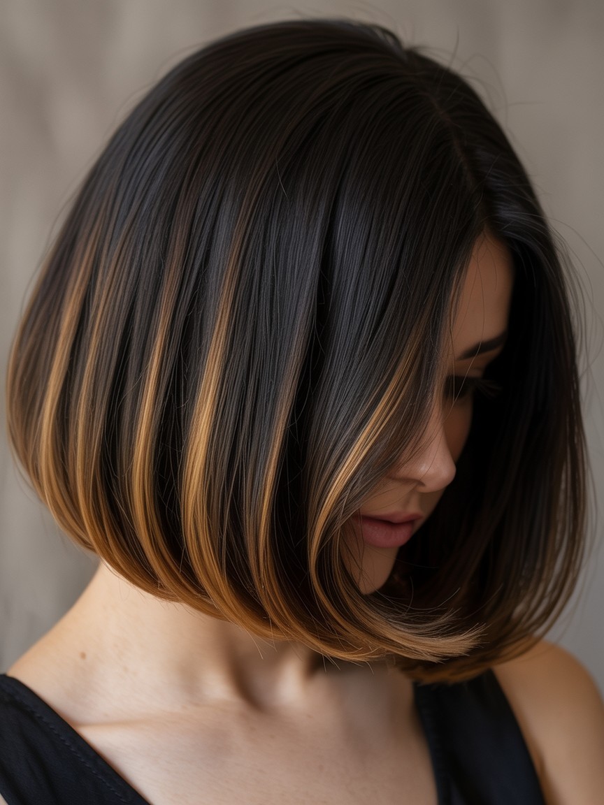 Jet black bob haircut with caramel balayage on ends and front layers