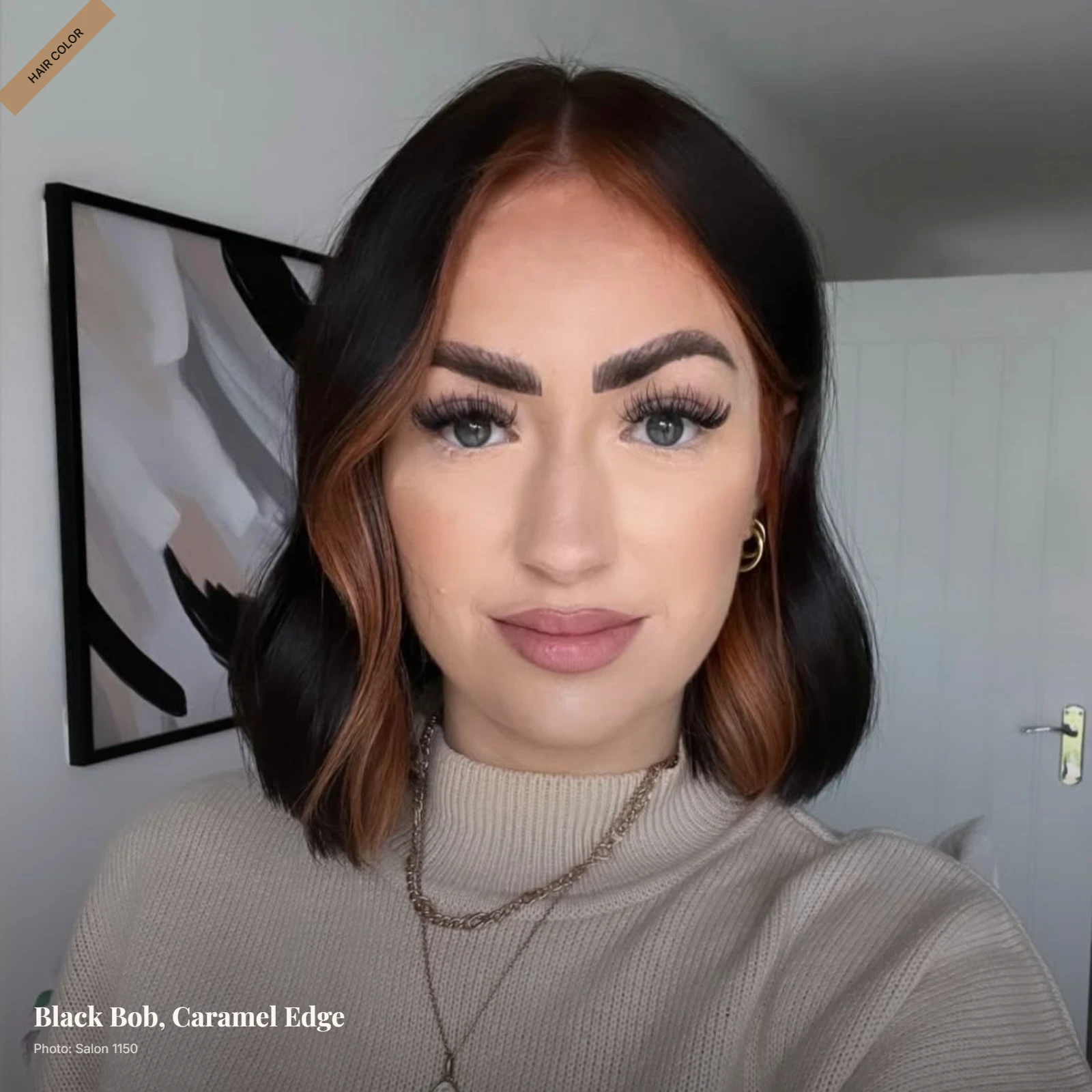 Jet black bob with warm caramel balayage framing the face and ends