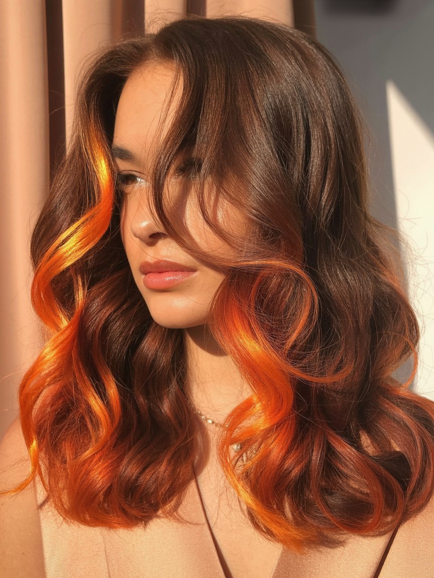 Glossy wavy hair with bright copper balayage, featuring vivid amber and ginger tones painted over a medium brown base.