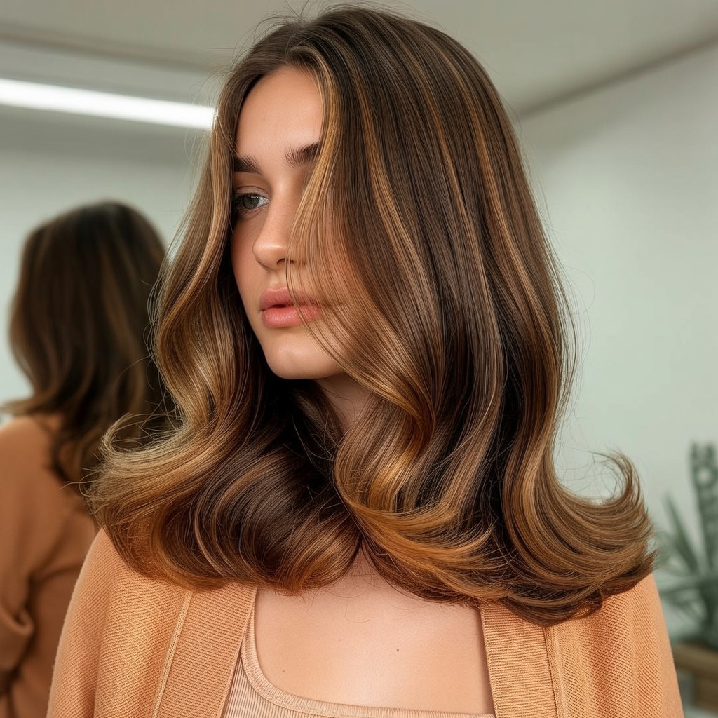 Glossy medium-length hair with bronzed copper balayage, styled in smooth waves and featuring golden amber highlights over a chestnut base.