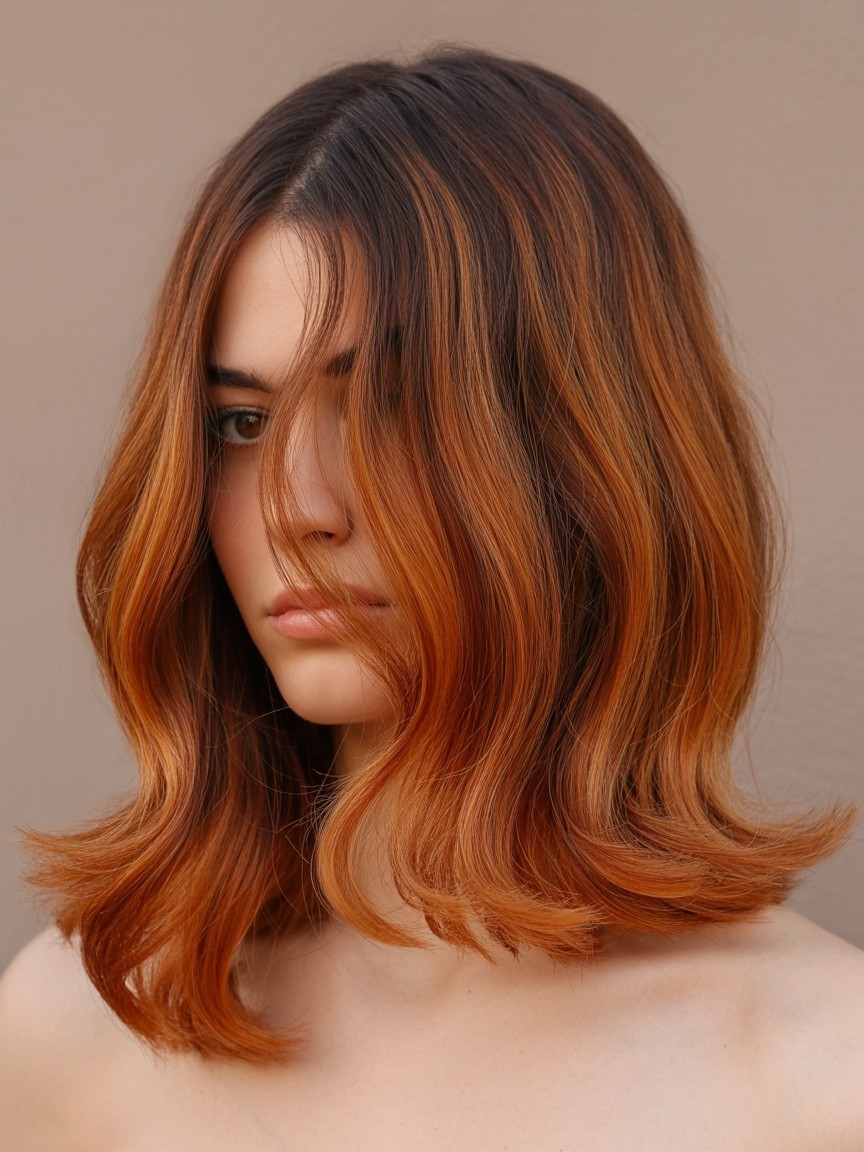 Balayage hairstyle transitioning from dark brown roots to warm copper ends, styled in soft waves with a natural, blended finish.