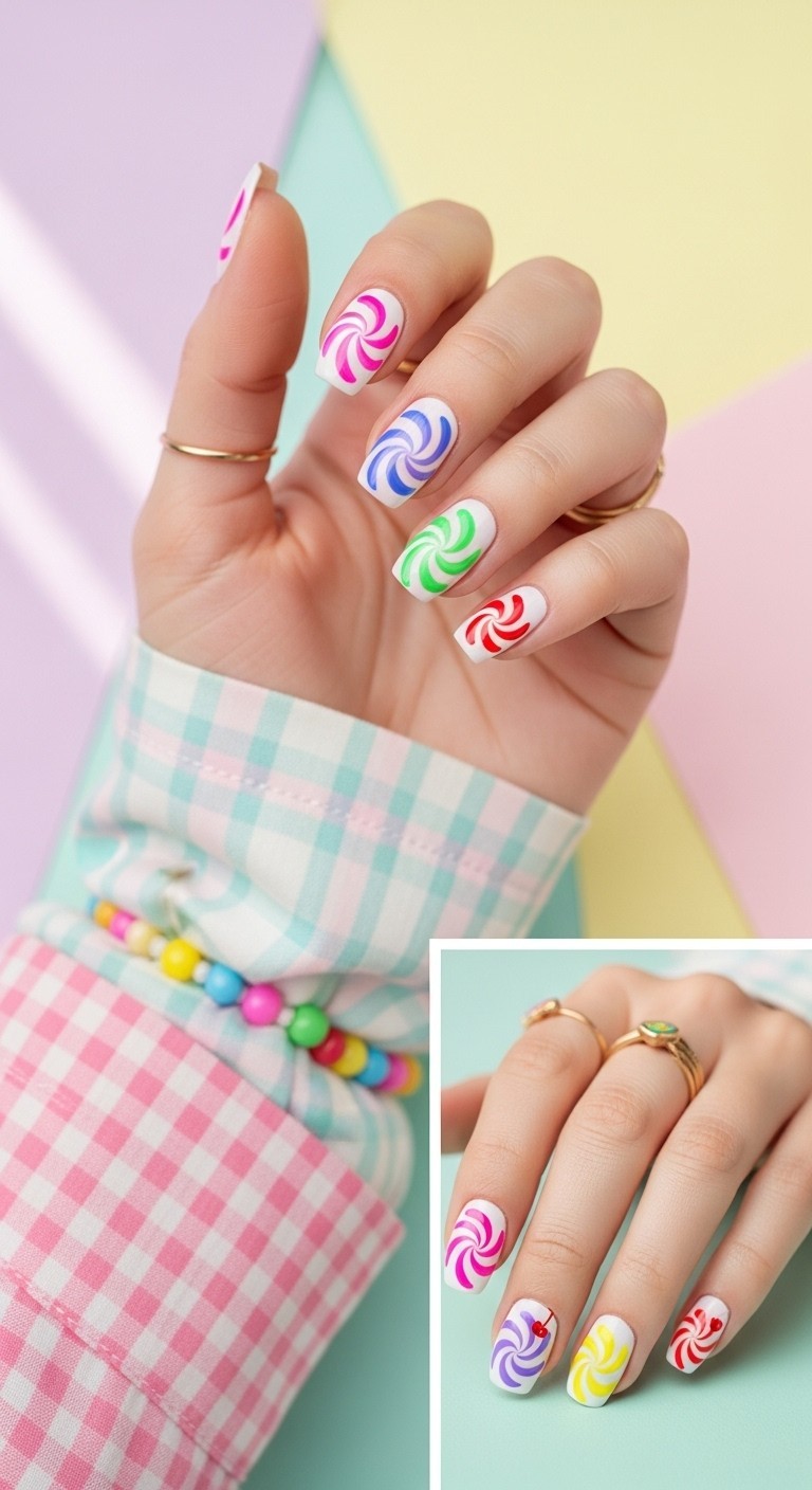 Hand with colorful candy swirl nail designs on a pale base, styled with a pastel sleeve and soft lighting on a textured background.