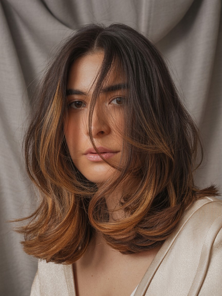Wavy brunette hair with deep chocolate base and warm caramel highlights styled for a rich, dimensional balayage effect.