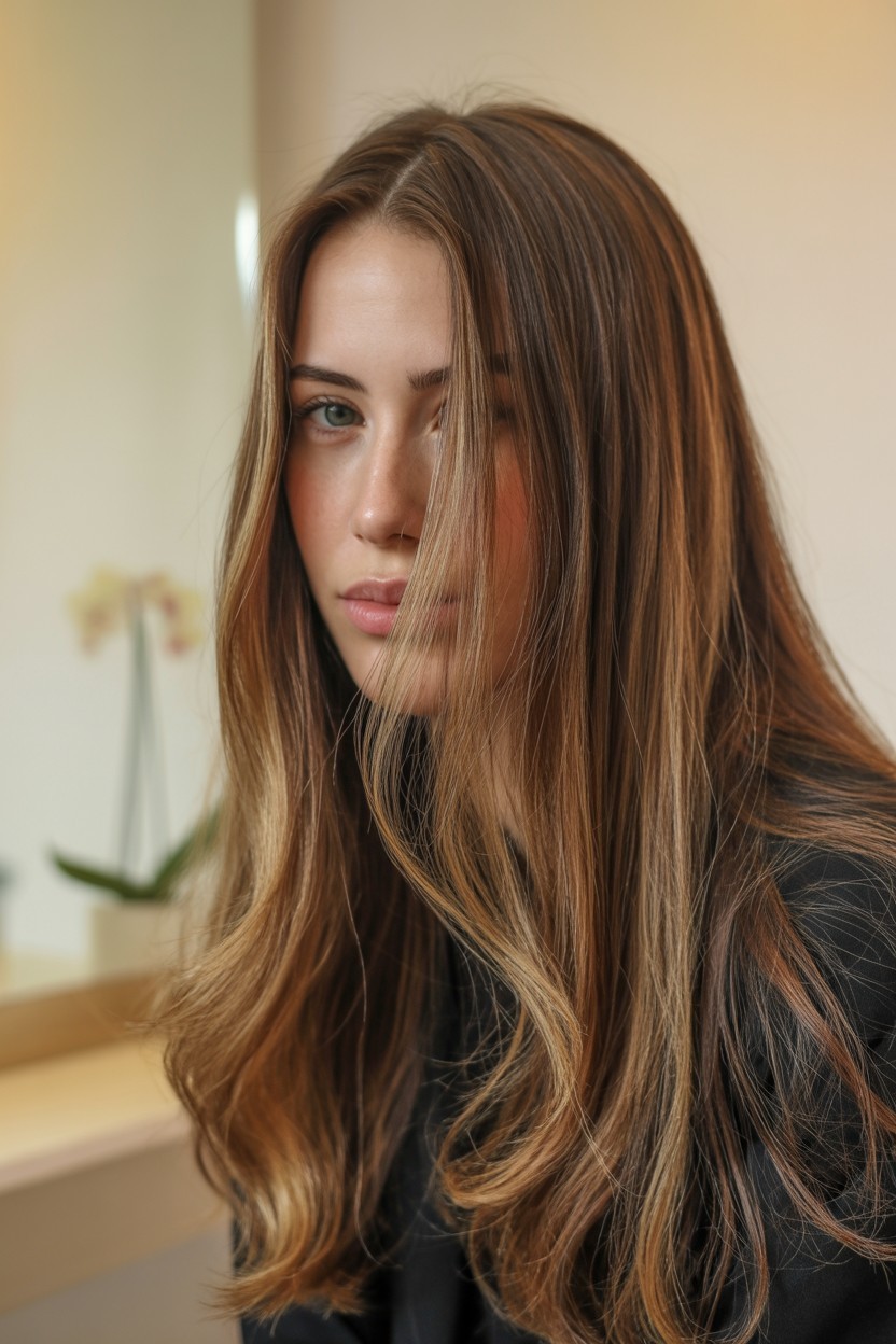 Fine caramel babylights blended through brunette hair for a soft, sun-kissed shimmer.