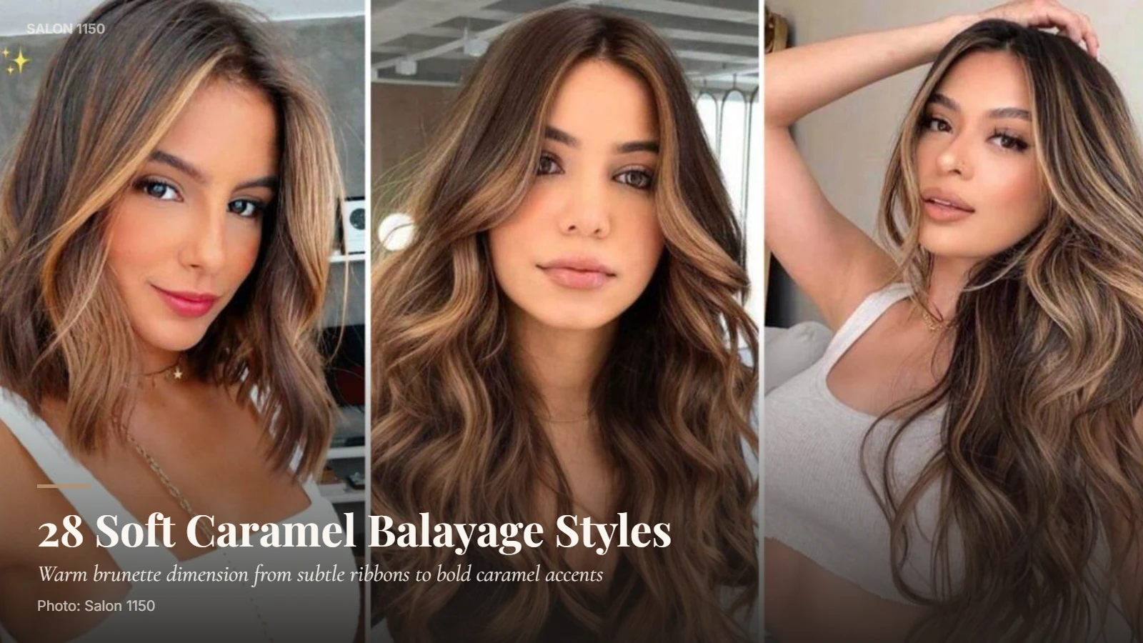 Three brunette hairstyles showcasing soft caramel balayage, waves, and face-framing highlights