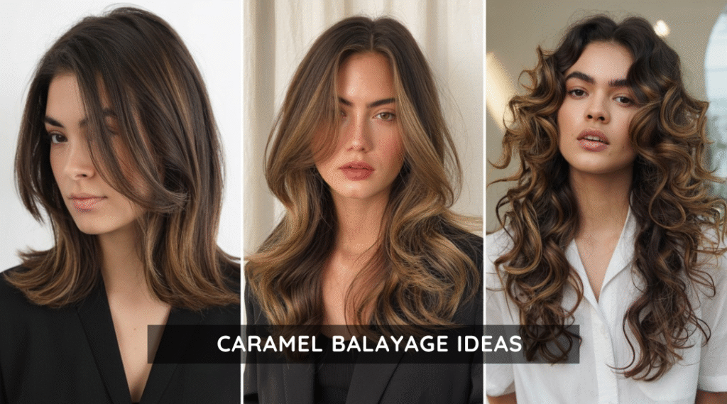 Three brunette models showing different caramel balayage styles: babylights, soft waves, and bold money pieces.
