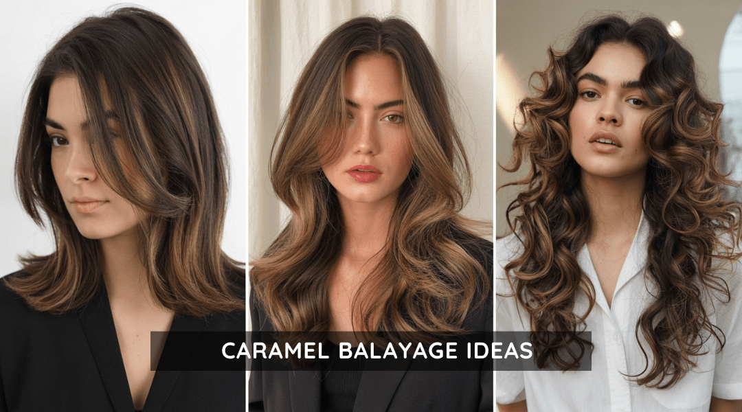 Three brunette models showing different caramel balayage styles: babylights, soft waves, and bold money pieces.