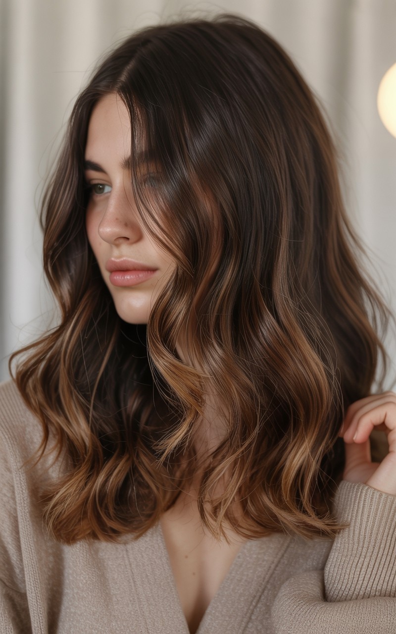 Dark brown hair with soft caramel balayage highlights blended from midshaft to ends in loose, natural waves.
