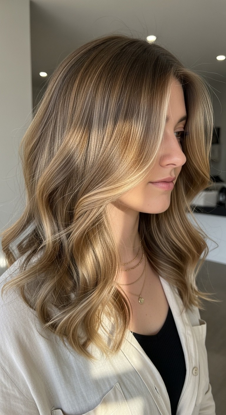 Light brown hair with softly blended caramel balayage highlights styled in airy waves under warm, natural light.