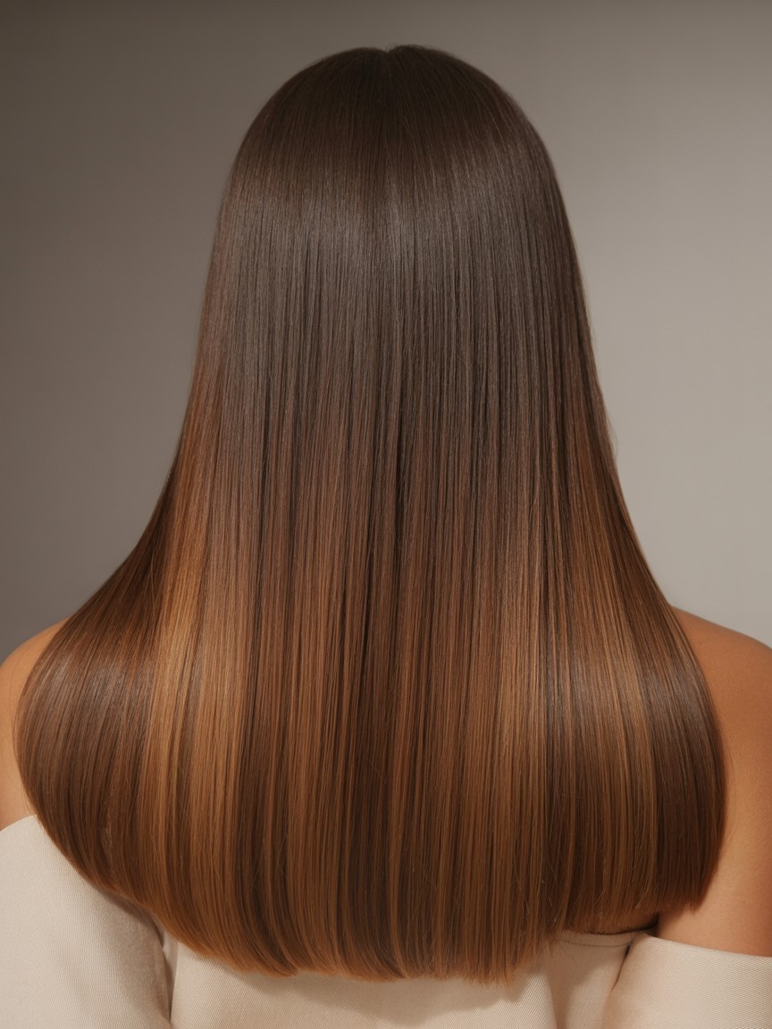 Straight brown hair with warm caramel balayage highlights and a smooth, polished finish
