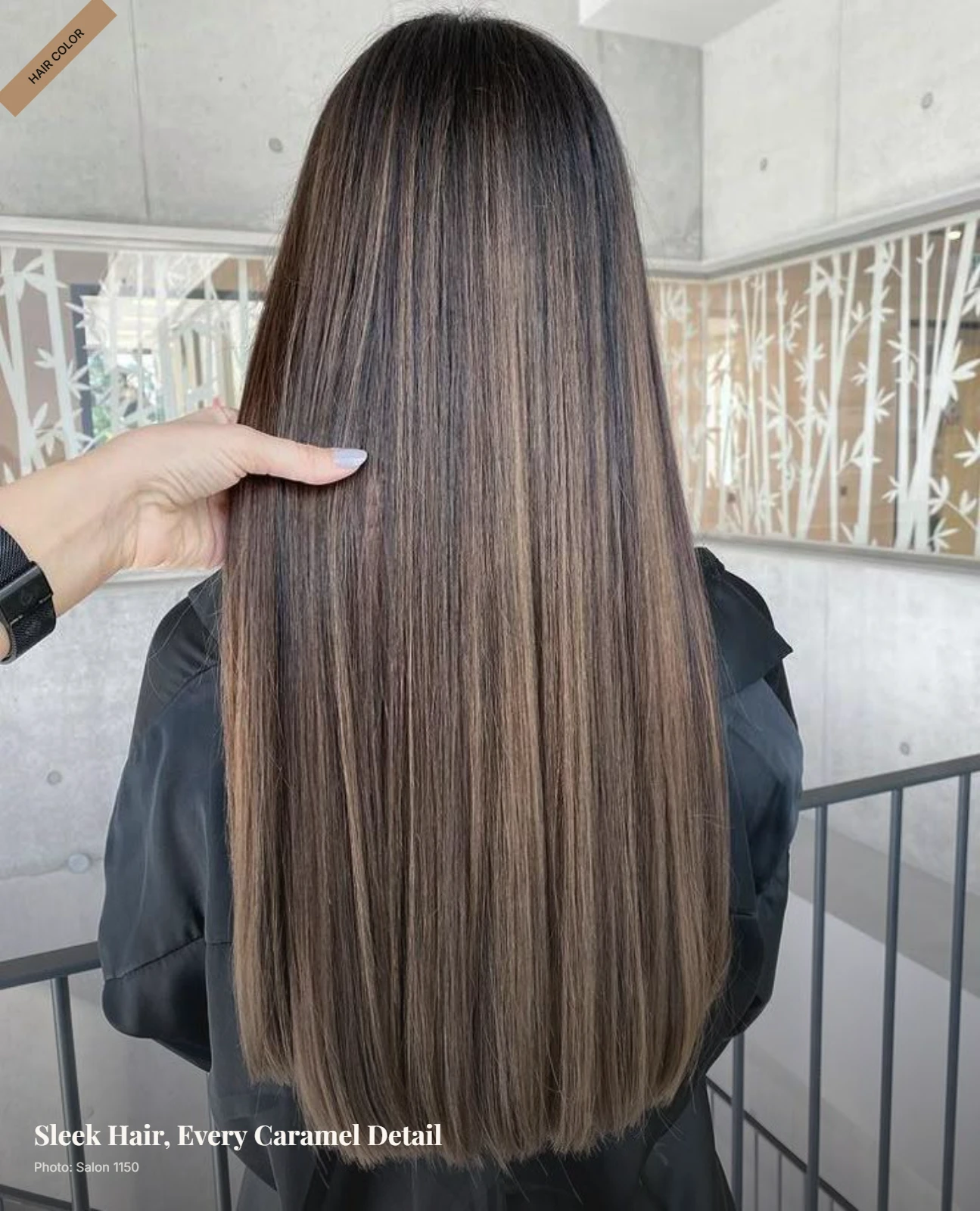 Straight dark brown hair with warm caramel balayage highlights and a glossy finish
