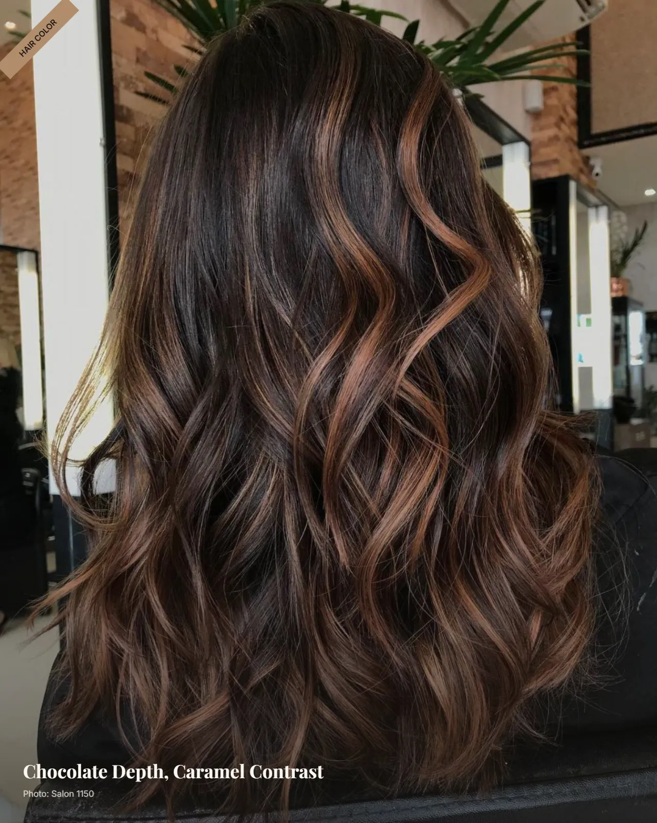 Wavy brunette hair with deep chocolate base and warm caramel balayage highlights