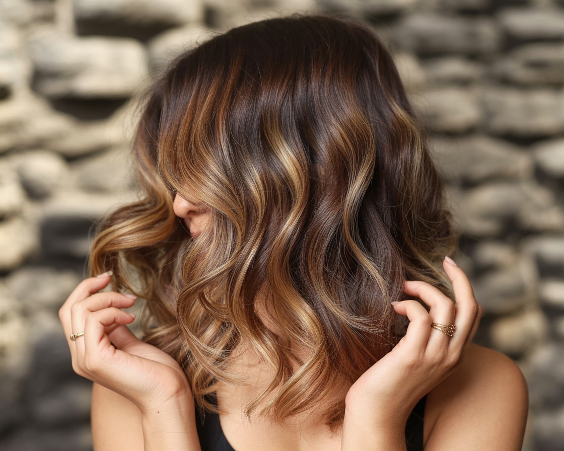 Brown hair with hand-painted caramel balayage highlights styled in soft waves.