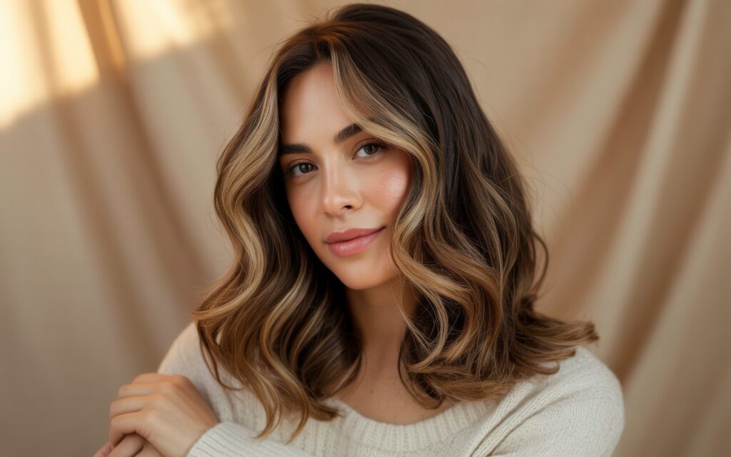 Chestnut brown hair with caramel and honey blonde highlights in a smooth, softly wavy balayage style.