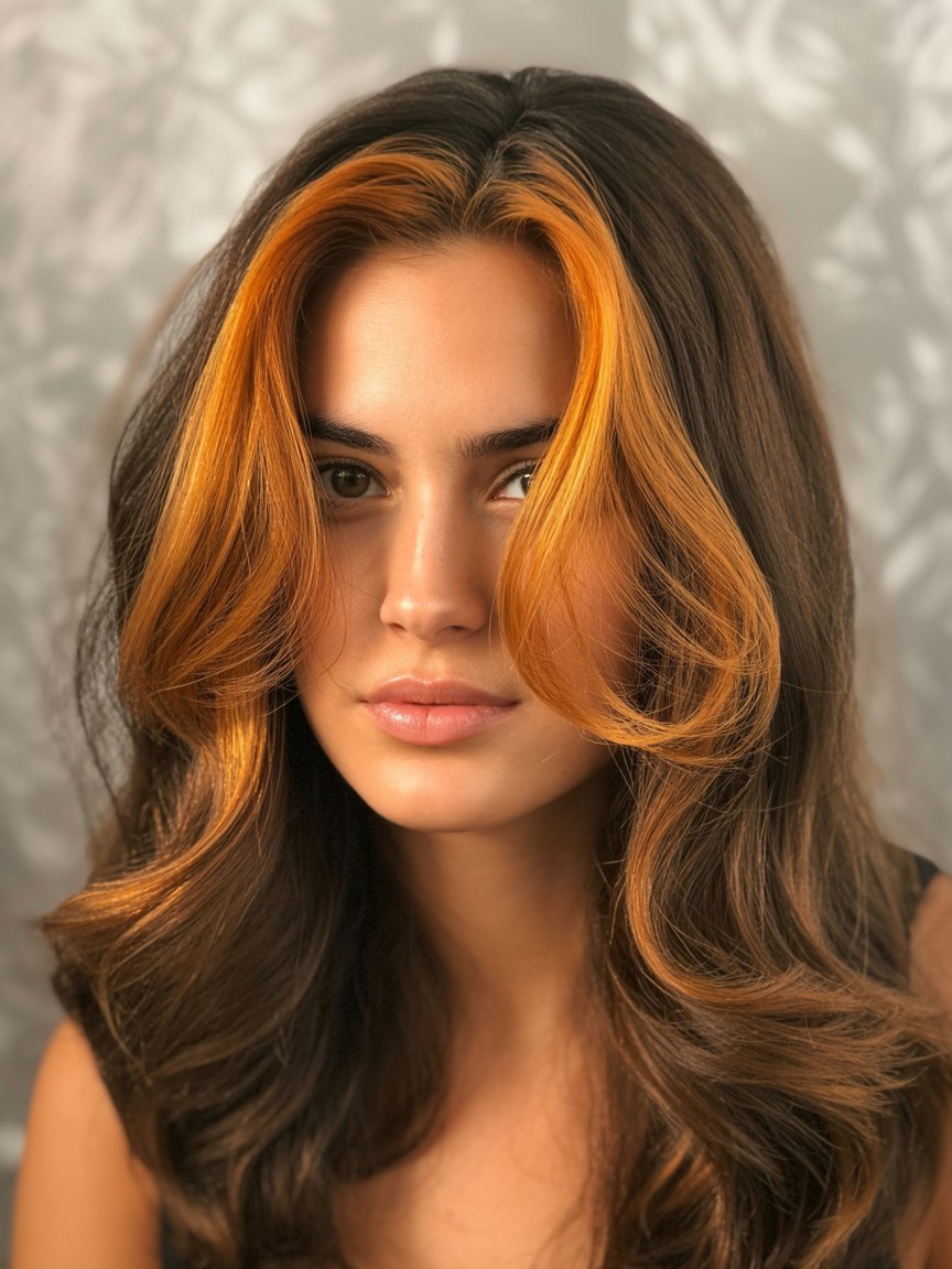 Dark brown hair with bold caramel money piece highlights framing the face in soft waves.