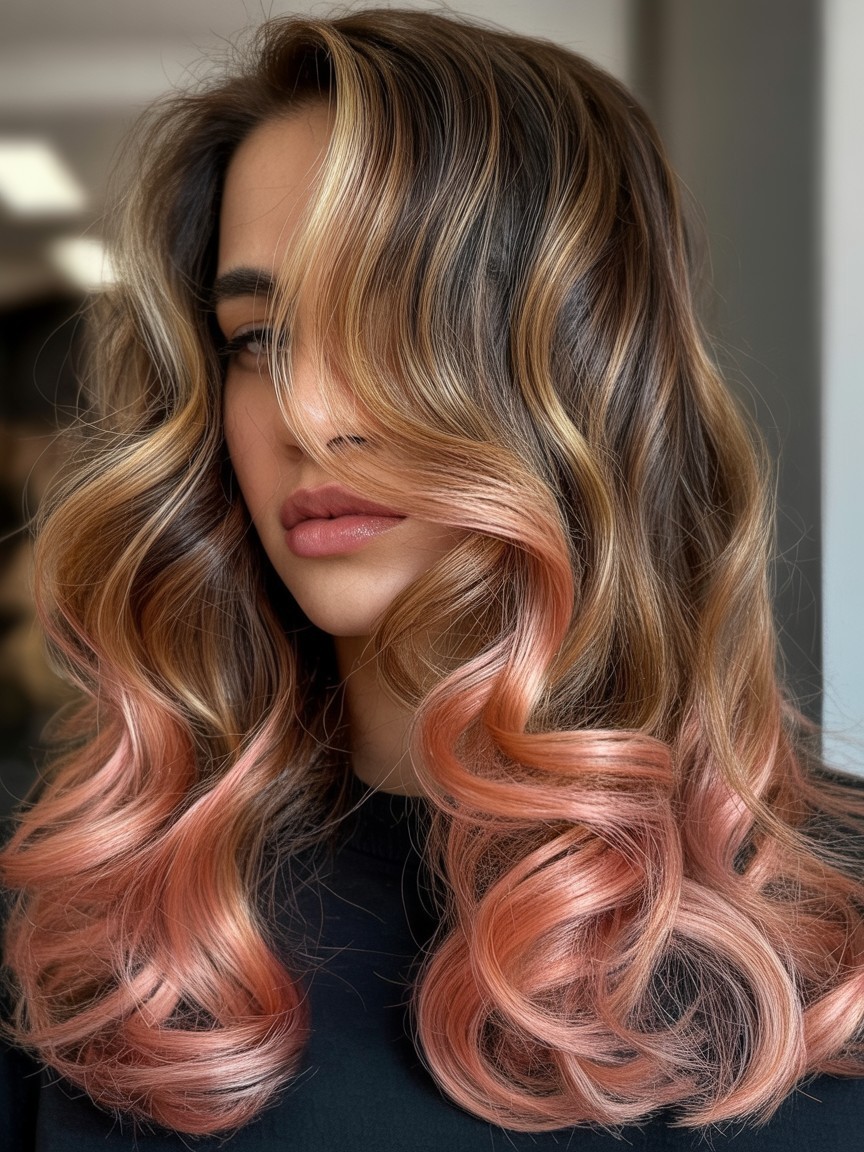 Caramel base hair with rose gold balayage highlights styled in soft curls for a glowing, feminine look.
