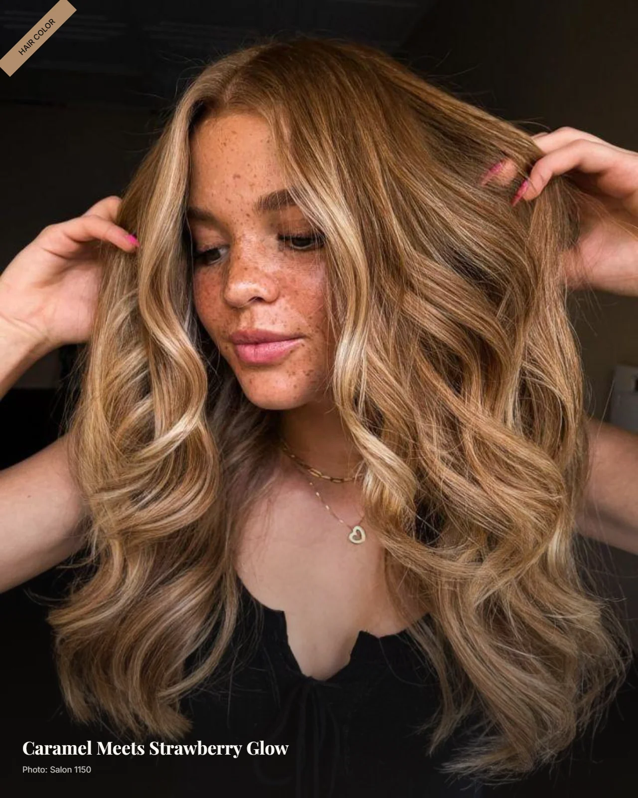 Caramel and strawberry blonde balayage blended through soft wavy brown hair