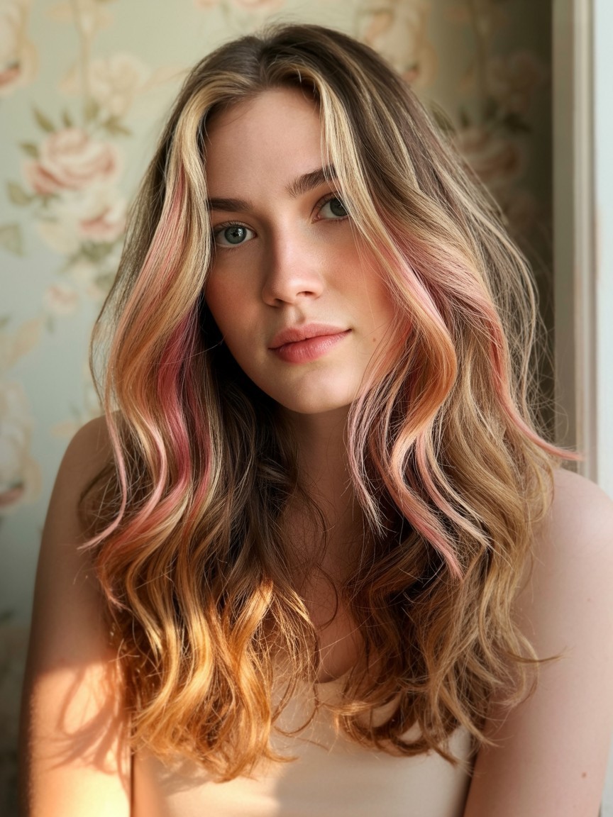 Strawberry blonde and caramel balayage on soft wavy hair, blending rose and golden tones for a romantic, sunlit finish.