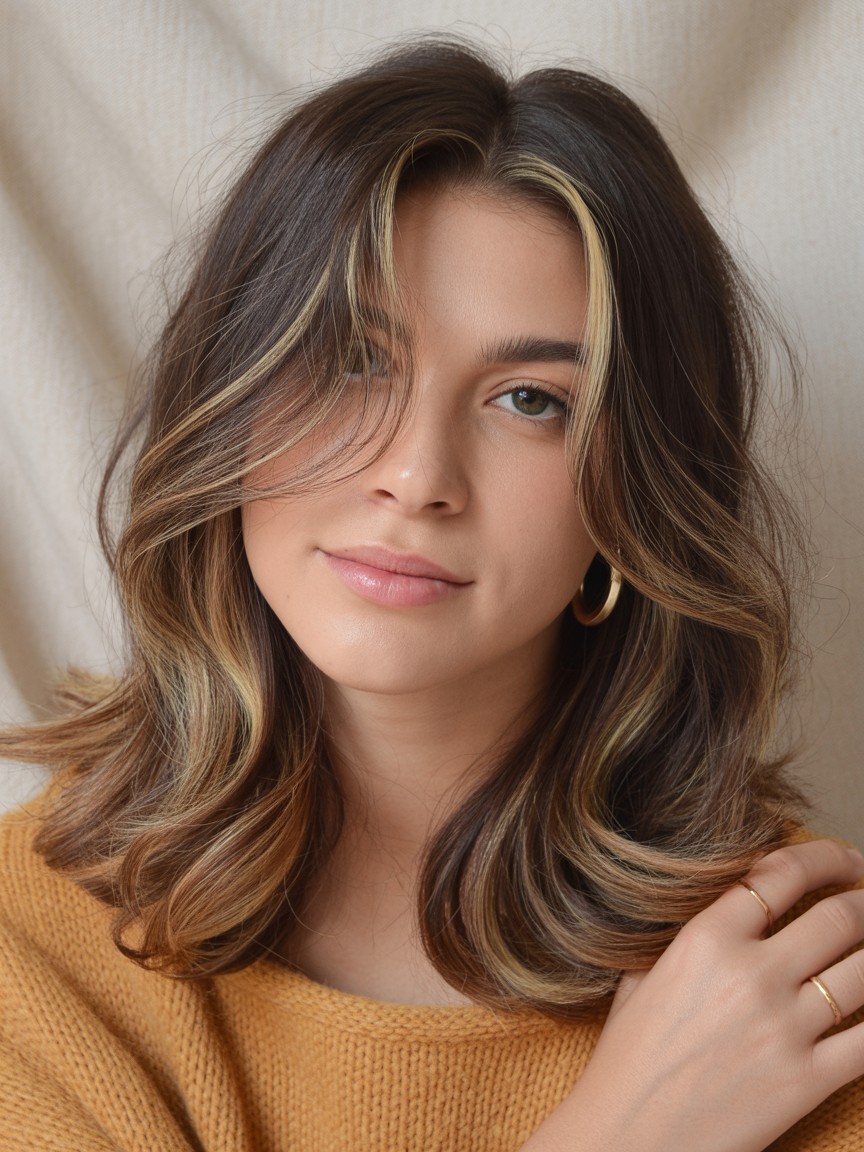 Mid-length brunette hair with soft caramel streaks and dark shadow roots styled in natural waves