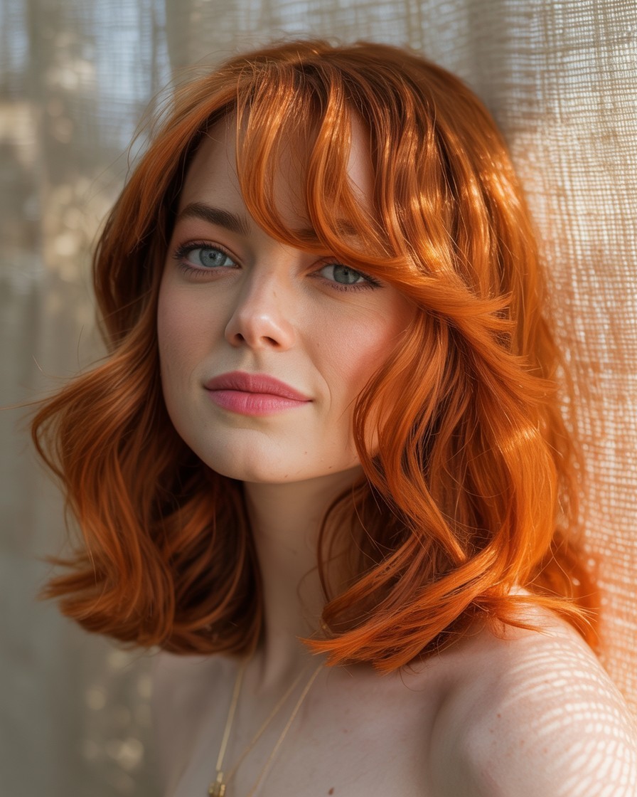 Emma Stone WEARING carrot copper hair with bold orange-red tones on a wavy layered cut, shown in natural light with warm undertones.