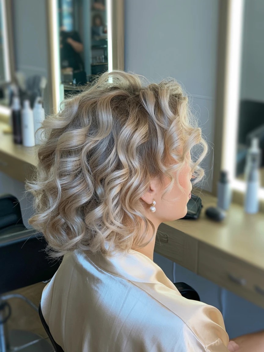 Loose natural curls in champagne blonde balayage with beige and pearl tones, styled in an elegant salon setting with soft lighting and pearl accessories.