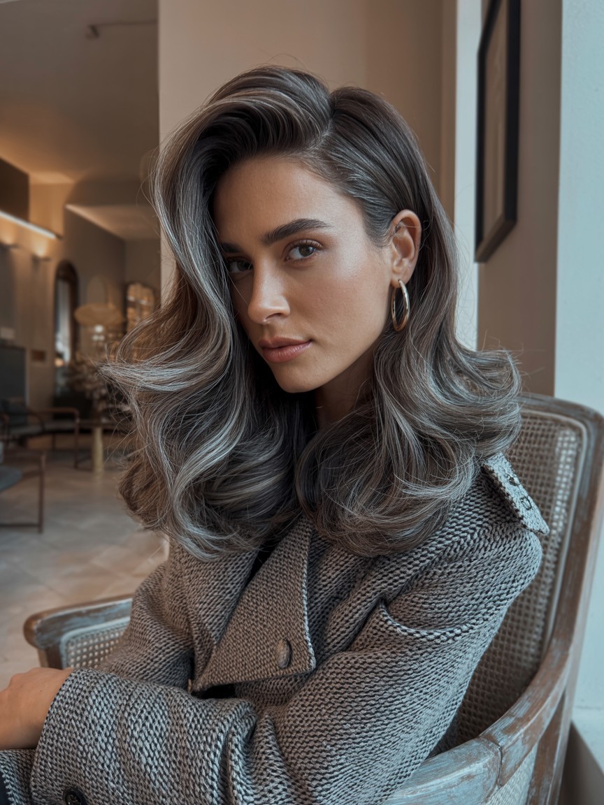 Woman with charcoal ash contour balayage featuring layered waves and sculpted tones, styled in a hotel lobby setting with soft side lighting.