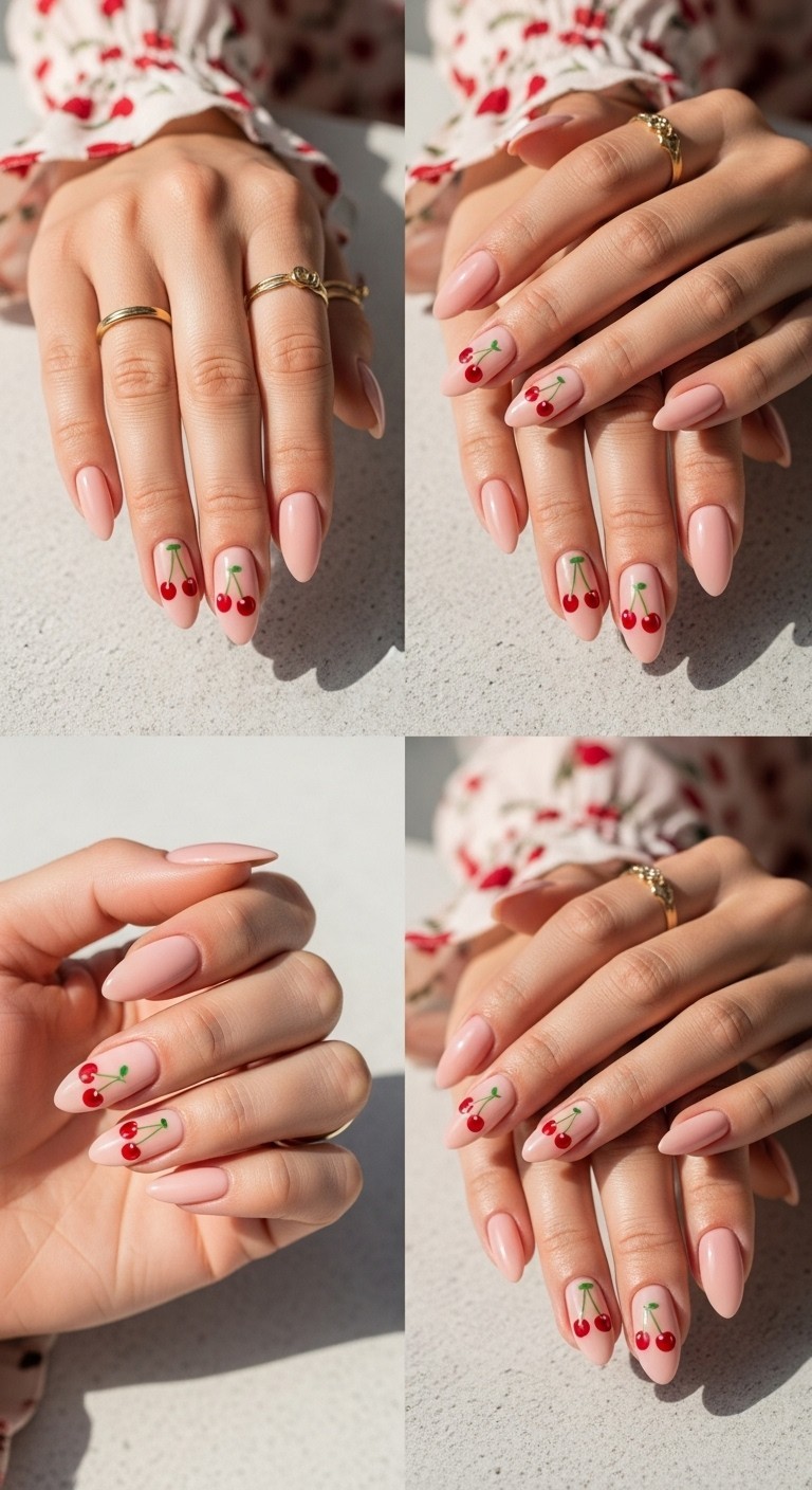 Hand with almond-shaped nude nails featuring minimalist cherry nail art, shown in natural lighting with soft summer sleeve and delicate gold rings.