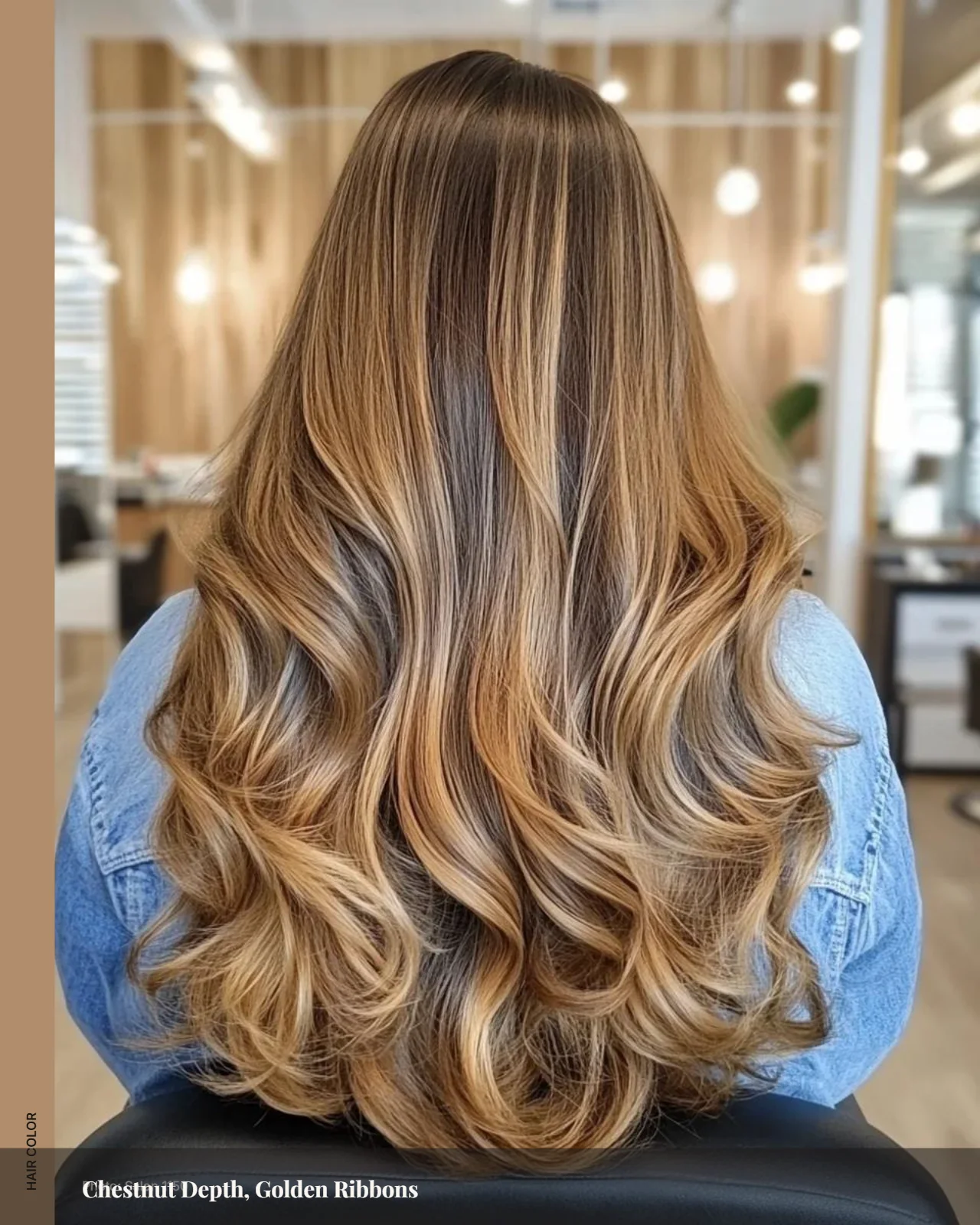 Chestnut brown hair with golden blonde and caramel balayage in loose waves