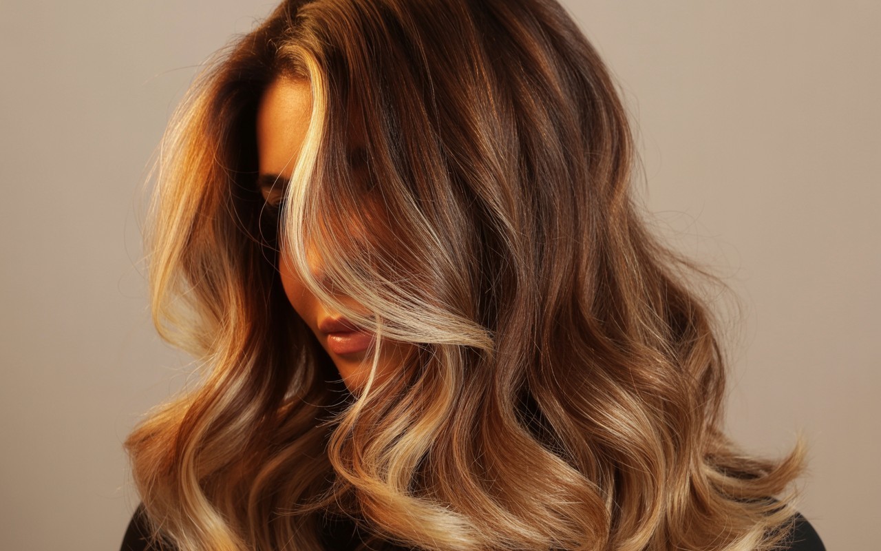 Glossy chestnut brown hair with golden blonde and caramel balayage, styled in loose tousled waves.