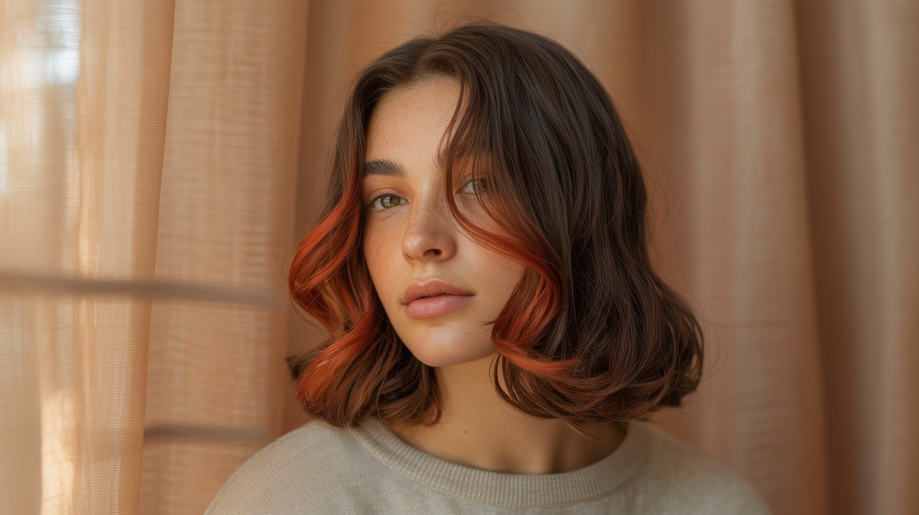 Woman with chestnut copper balayage on medium-length wavy hair, featuring soft rust and amber highlights that enhance olive-toned skin.