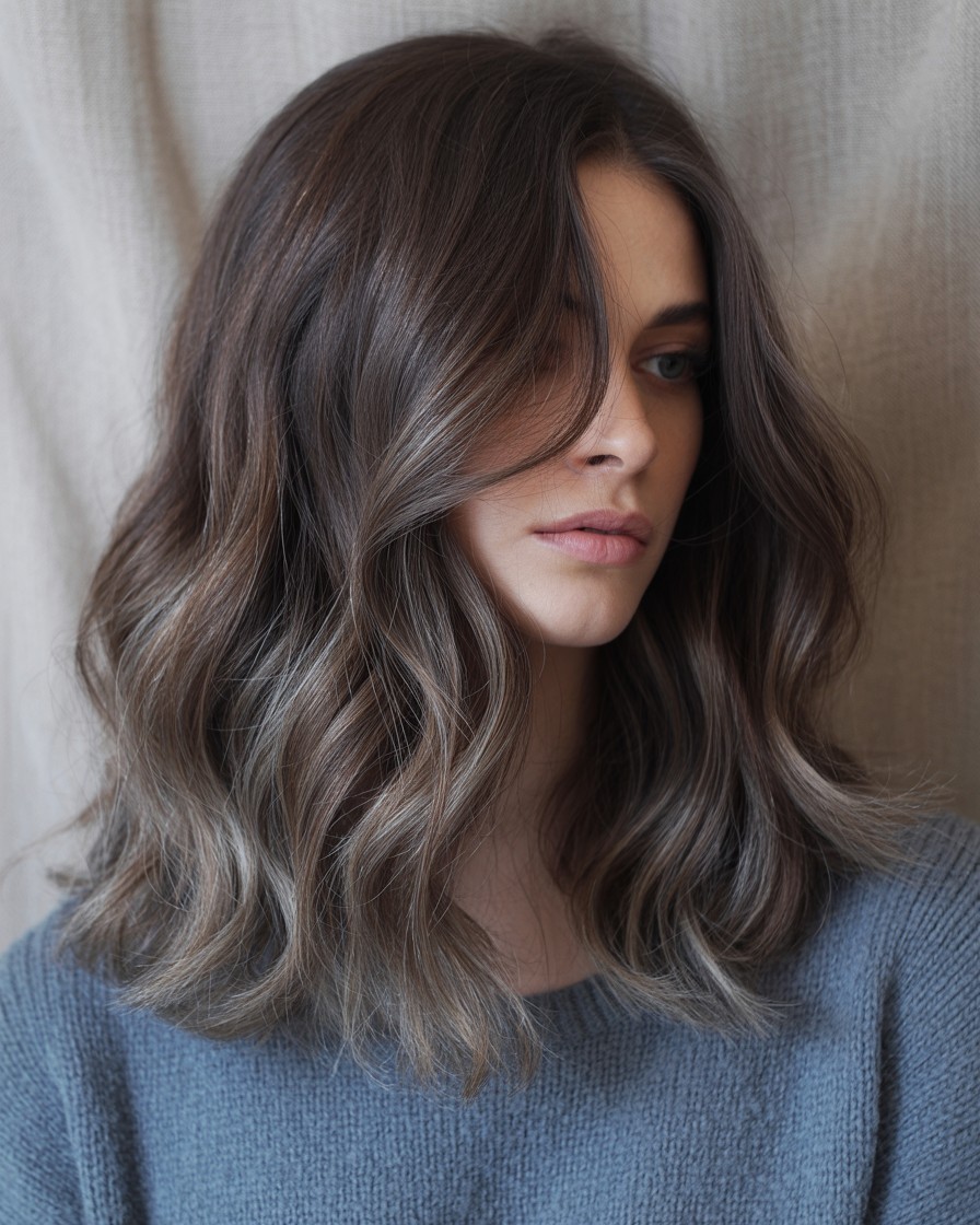 Cool smoke-toned ash brown balayage with charcoal and steel highlights on wavy brunette hair, styled in soft matte texture