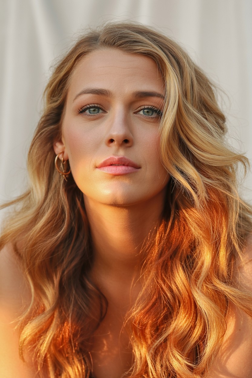 Blake Lively with copper balayage on blonde hair styled in soft beach waves, showing warm amber and tangerine highlights over a golden-blonde base.