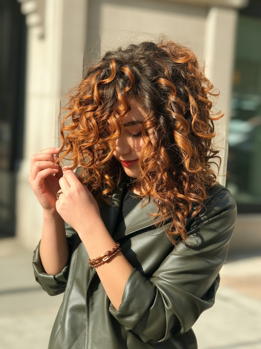 Curly hair with vivid copper balayage, styled in tight coils against a neutral-toned urban background with sunlight highlighting the fiery tones.