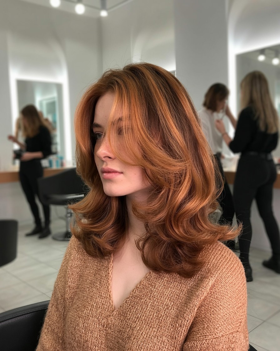 Woman in modern salon with copper hair and ginger highlights styled in tousled waves, showing radiant dimension and warm glow.