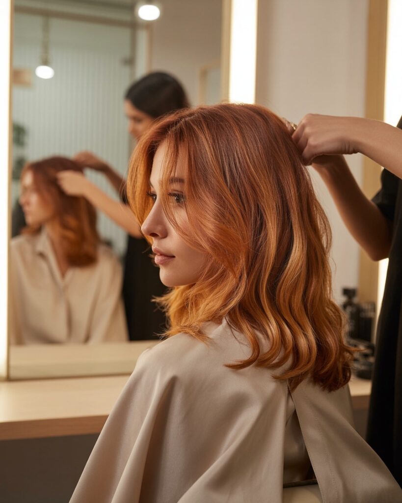 Woman in salon with medium copper hair and fine golden babylights styled in soft waves, adding shimmer and sunlit dimension.
