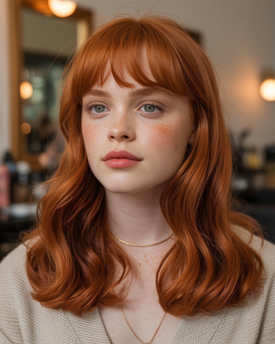 Sadie Sink-inspired vivid copper red balayage with soft bangs and subtle waves, shown on warm-toned hair in a natural light salon setting.