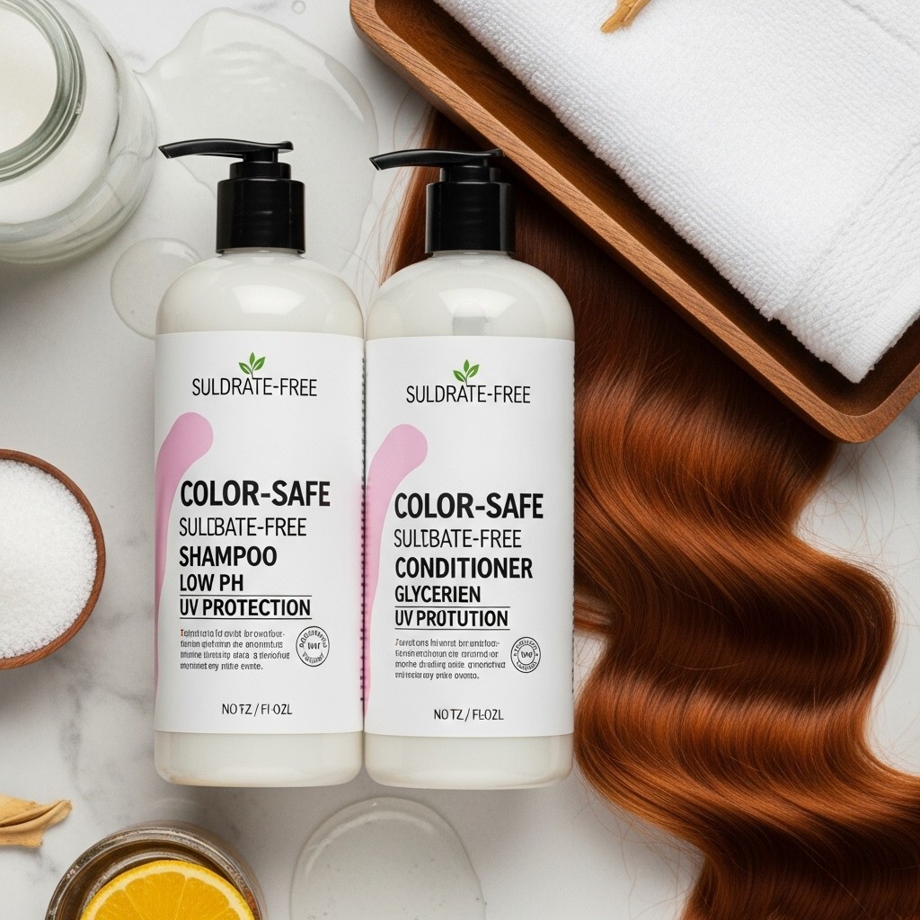 Sulfate-free shampoo and conditioner for copper hair color care with low pH and moisturizing ingredients