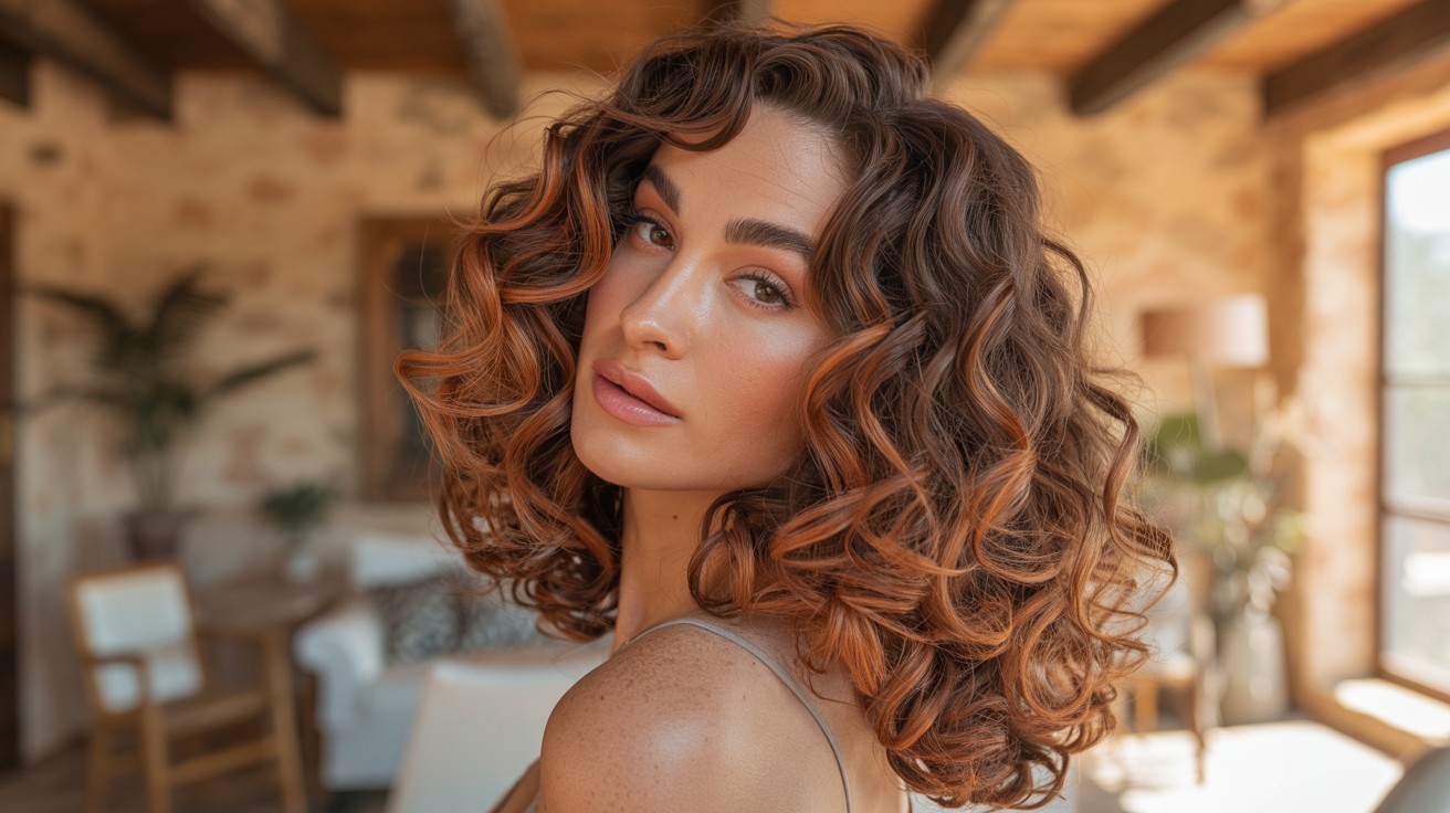 Cowboy copper balayage curls with warm chestnut and copper tones, styled in soft 3A–3C texture, inspired by Riley Keough’s red-toned look.