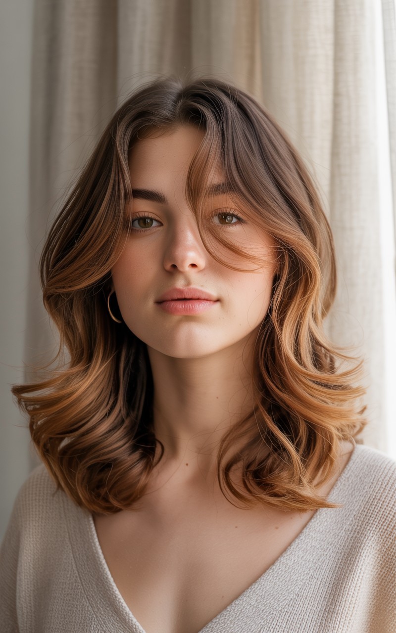 Wavy medium-length hair with cozy caramel copper balayage, featuring soft honey and copper highlights on a warm brown base.